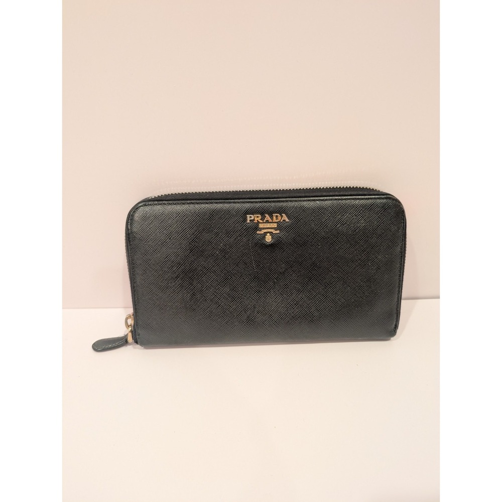 Prada Saffiano Metal Long Wallet‎ Black Kanoya Womens Zip Credit Card Authentic